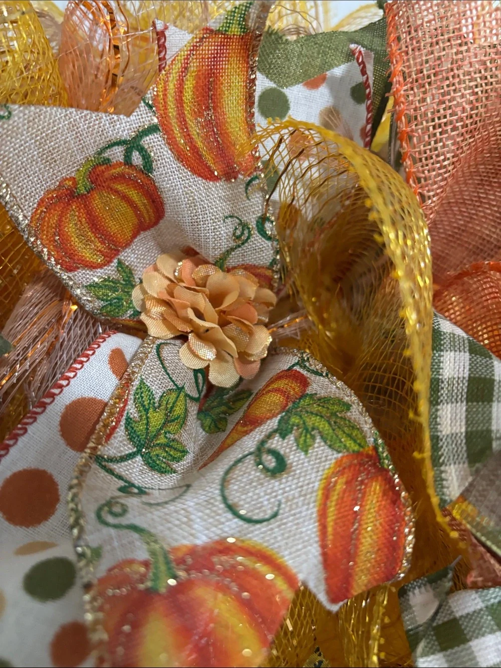 Hand Crafted Fall Pumpkin Wreath in Orange, Green & Gold